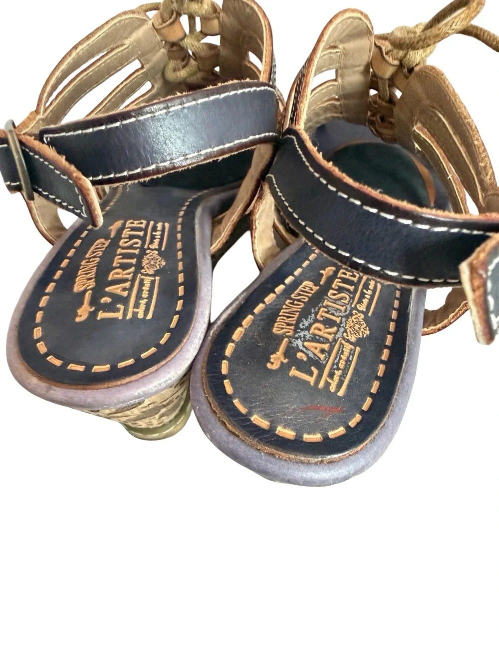 L'Artiste x Spring Step Navy Tan Leather Lace Up Wedge Sandals Size 10.5 Women's